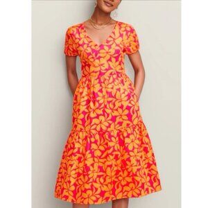 J. CREW womens 14 Boho Floral Tiered Midi Dress Puff Sleeve Tropical Pink Cotton